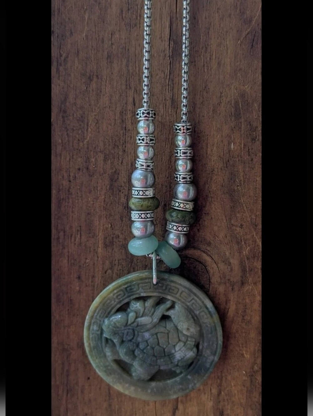 Handcrafted Indian Agate Dragon Turtle Pendant Stainless Beaded Necklace